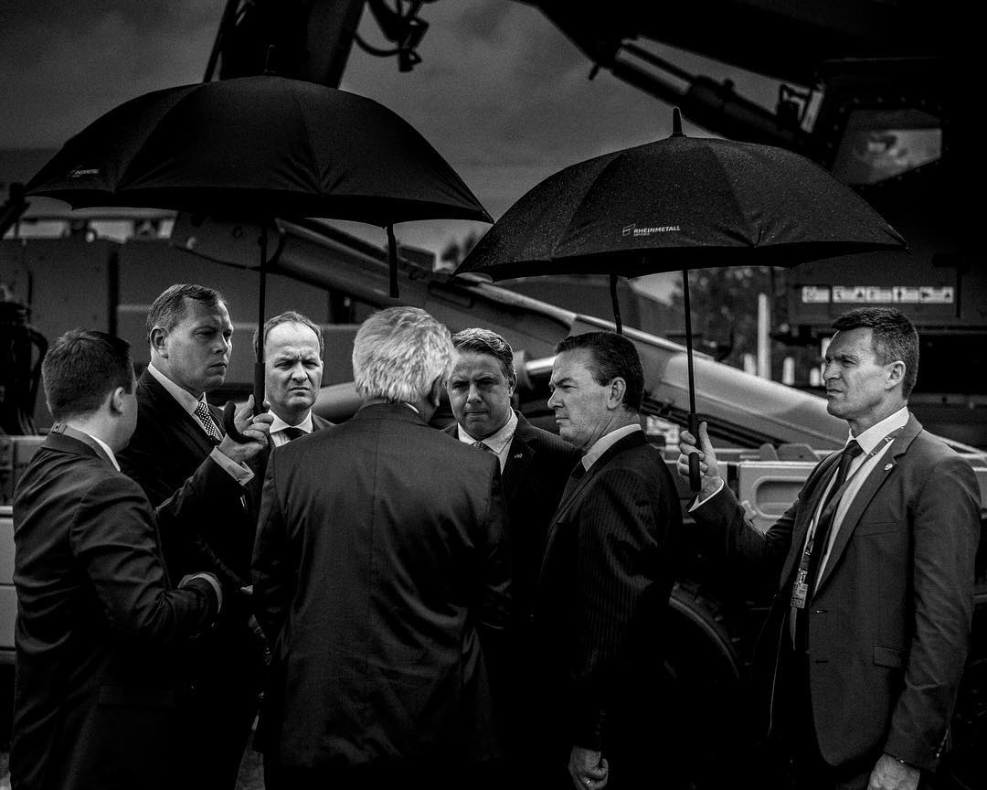 My story WAR FAIR is finally online. Ive worked the last two years visiting defence Industry fairs investigating where and on what all the billions of dollars are being spent while we again head into an international arms race. 
In this photo boardmembers of large german arms producer RheinMetall discuss after product launch of their news tank at Eurosatory in Paris #warfair

Story is online on my website – www.rasmusdegnbol.com